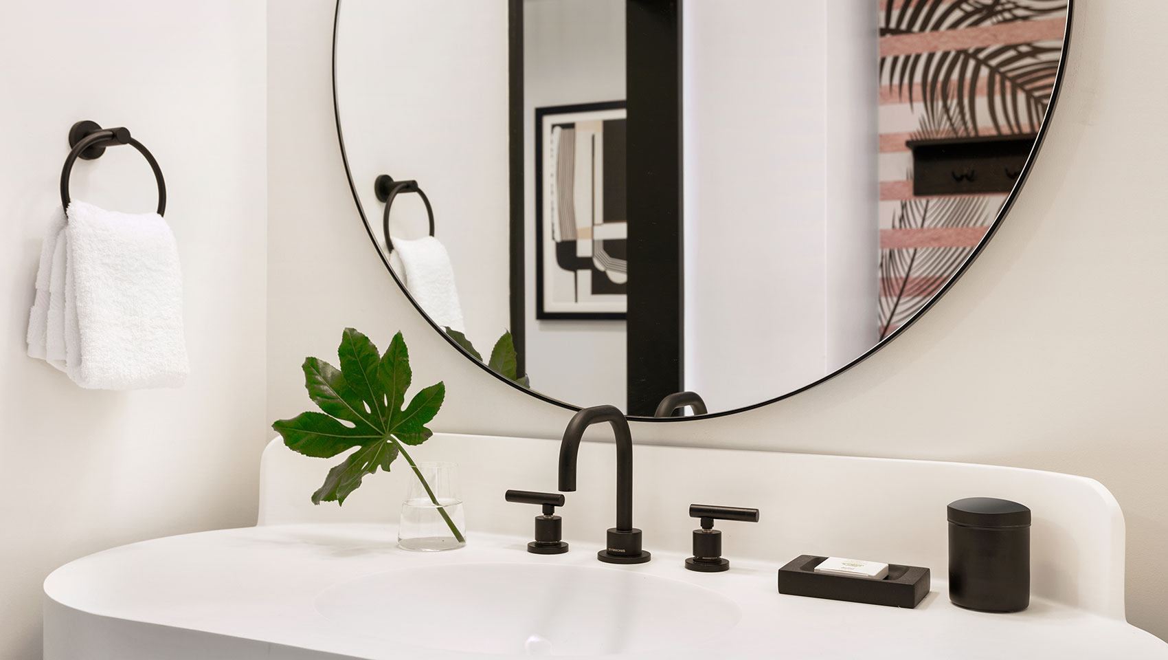 guest bathroom and vanity area