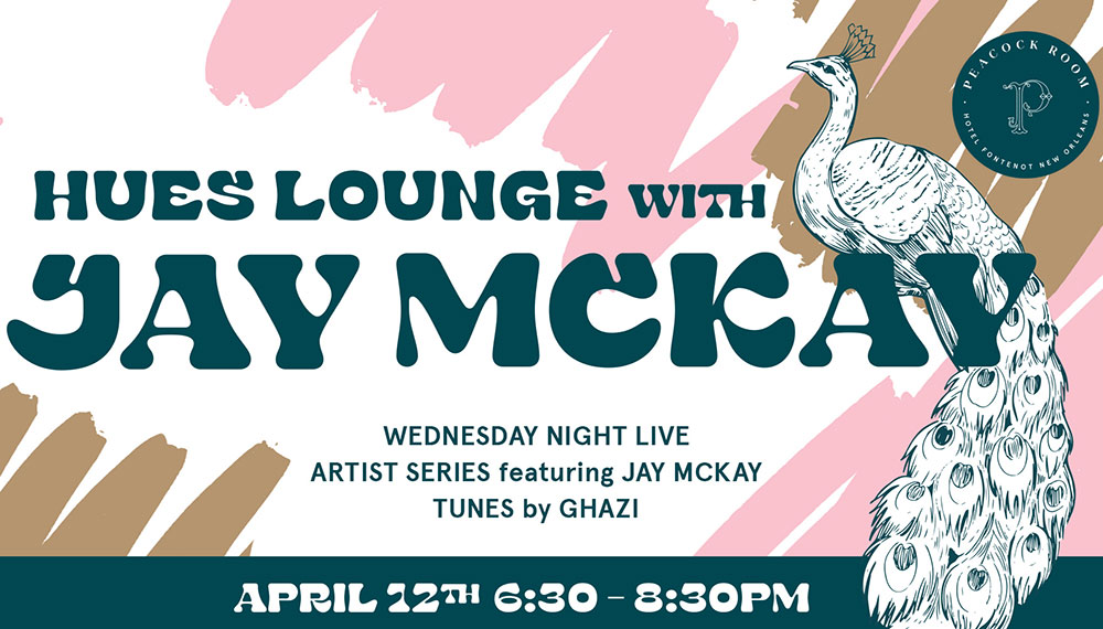 Colorful graphic announcing Wednesday Night Live Artist Series featuring Jay McKay Tunes by Ghazi on April 12 from 6:30-8:30 PM