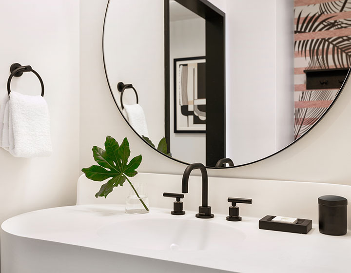 guest bathroom and vanity area