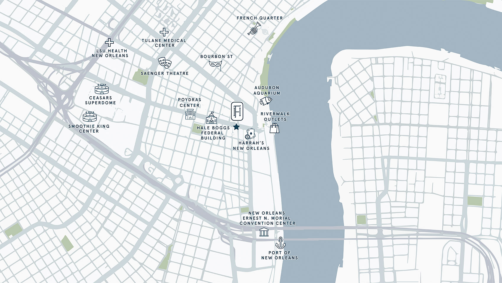 graphical map of the hotel's location in downtown new orleans